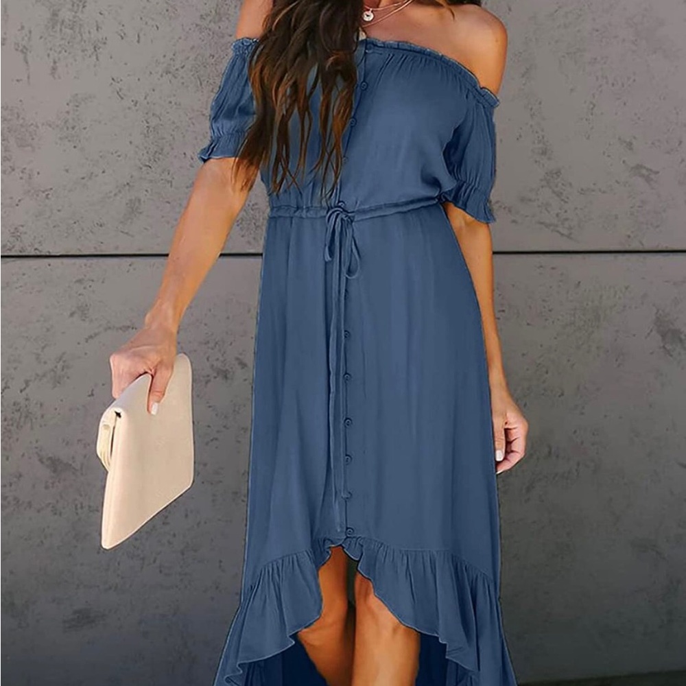 Off shoulder, high/low dress